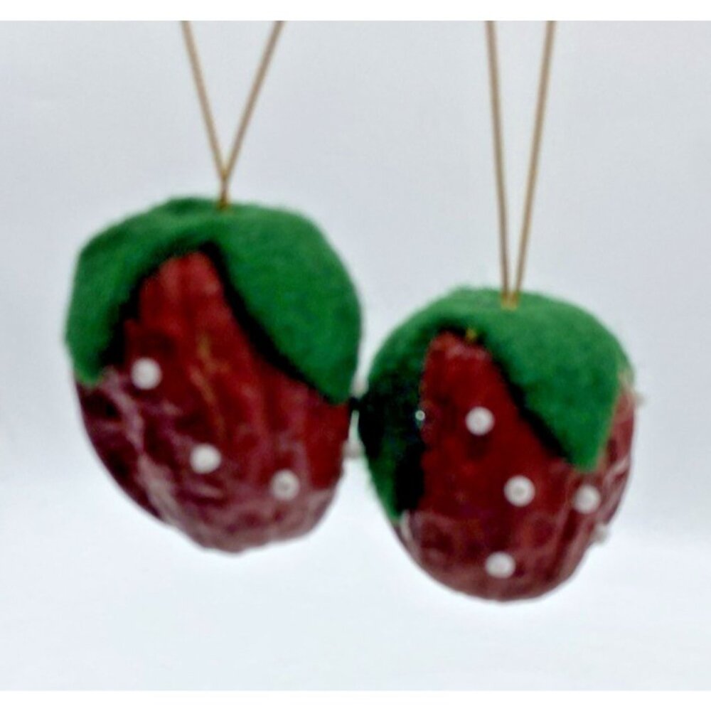 2 Vintage Christmas Tree Ornaments Handmade Strawberry Nut Shell Rustic Holiday